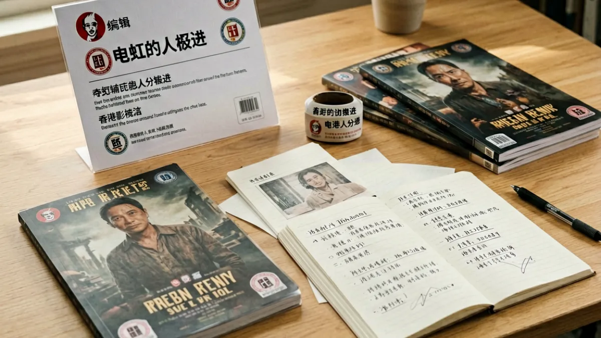展示香港电影分级标识牌与三级片相关档案资料摆放在桌上的静物场景