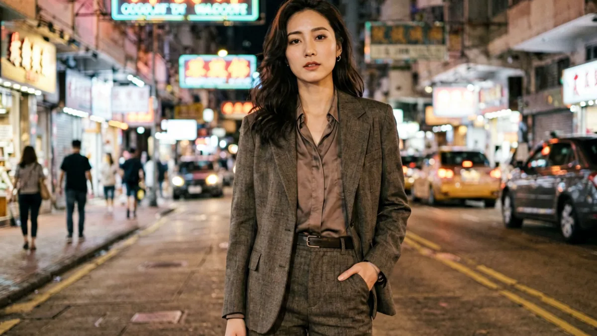 邱淑贞在经典三级片剧照中呈现的妩媚造型，背景为香港街头场景