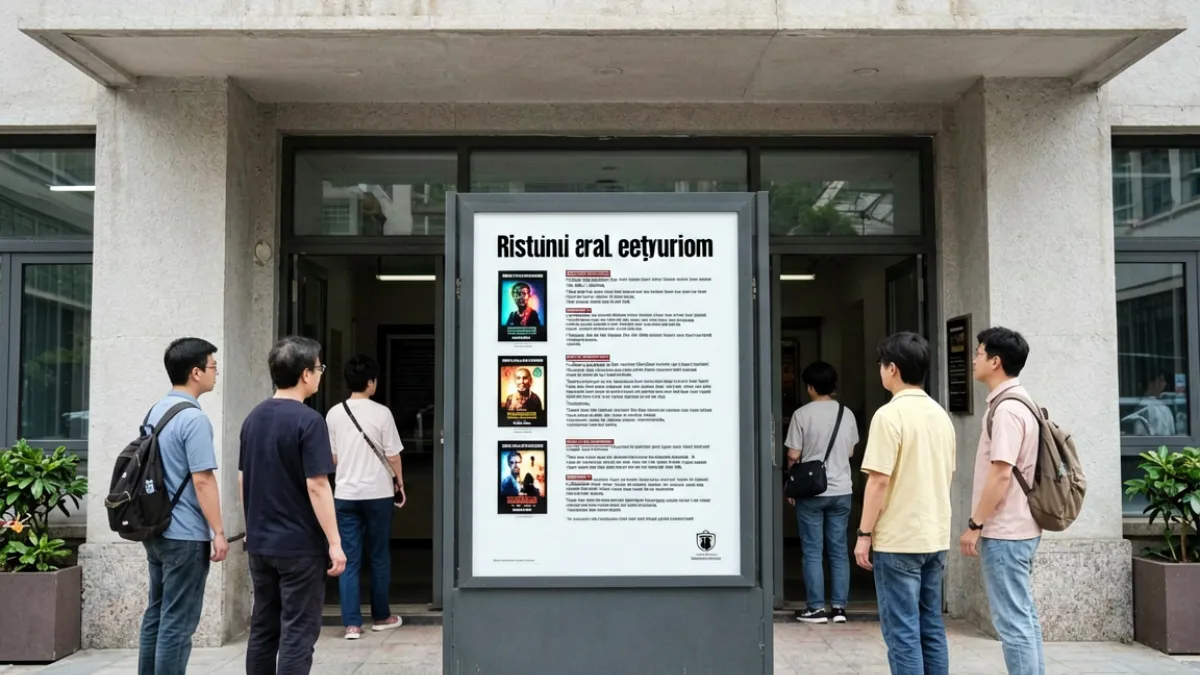 香港电影资料馆外景，展示电影分级制度相关展板，三级片分级标志清晰可见