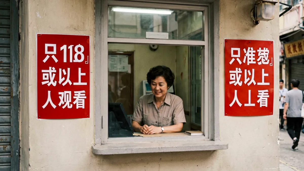 复古风格的香港影院售票窗口场景，窗口旁张贴着三级片限制观看年龄的告示牌