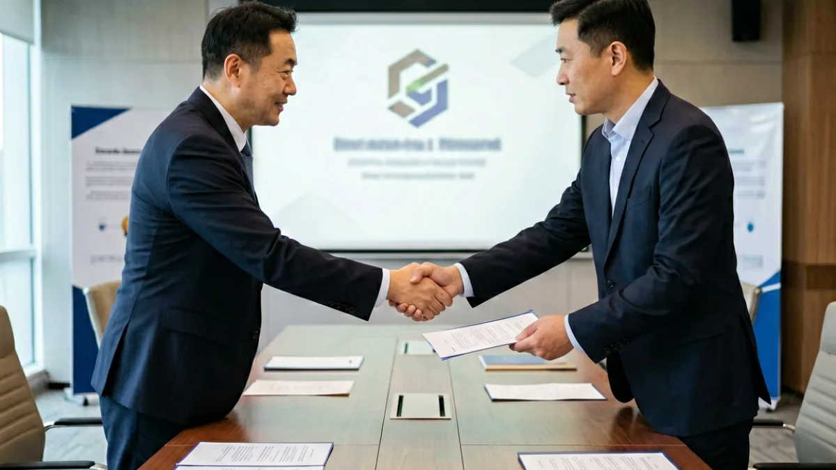 三级片制作公司签约仪式现场，双方代表在会议桌前交换合同文件