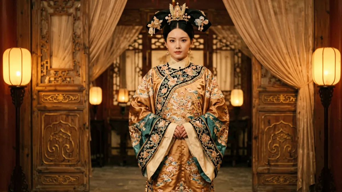 香港古装三级片场景，演员身着明代服饰在布景精美的宫廷内对话