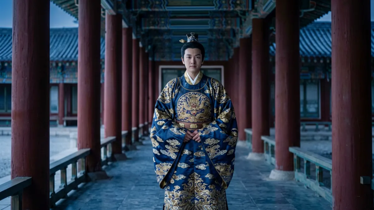 韩国古装电影霜花店剧情场景，演员身着华美高丽宫廷服饰站立于宫殿回廊